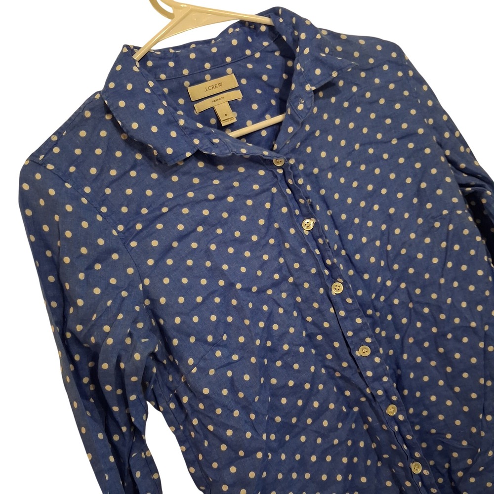J.Crew Perfect Shirt Womens 6 Blue Polka Dot Linen Long Sleeve Preppy Classic